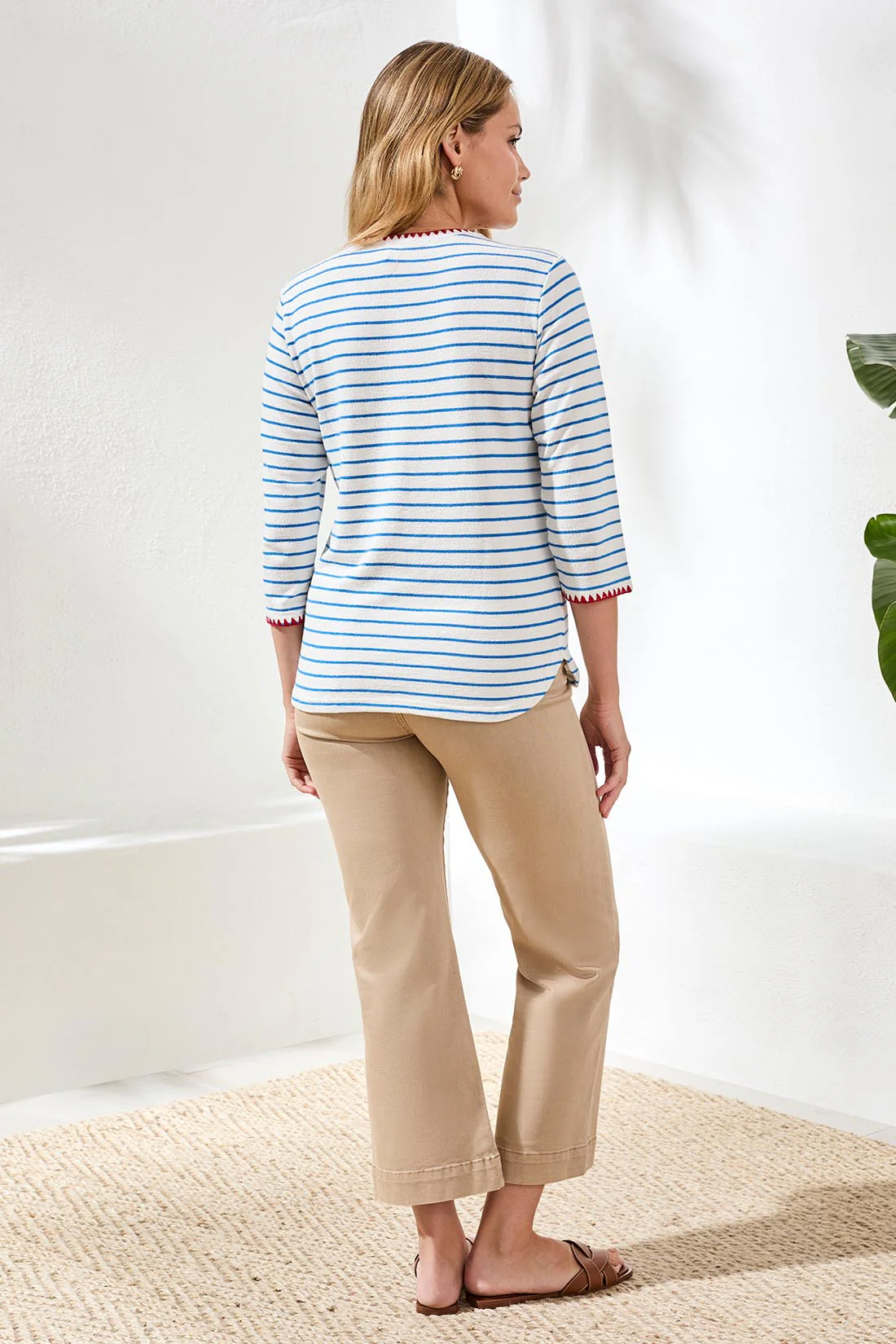 Textured Stripe Knit 3/4 Sleeve Crew Neck Top With Contrast Detail-Royal - Image 4