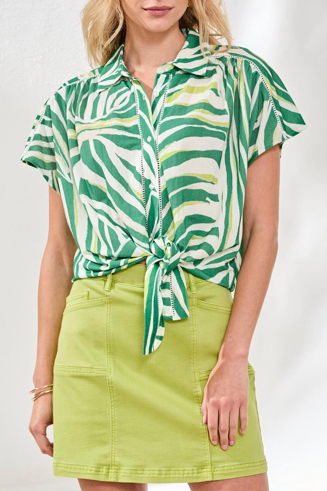 Watercolor Tie-Front Short Sleeve Eyelet Detail Blouse-Grass - Image 3