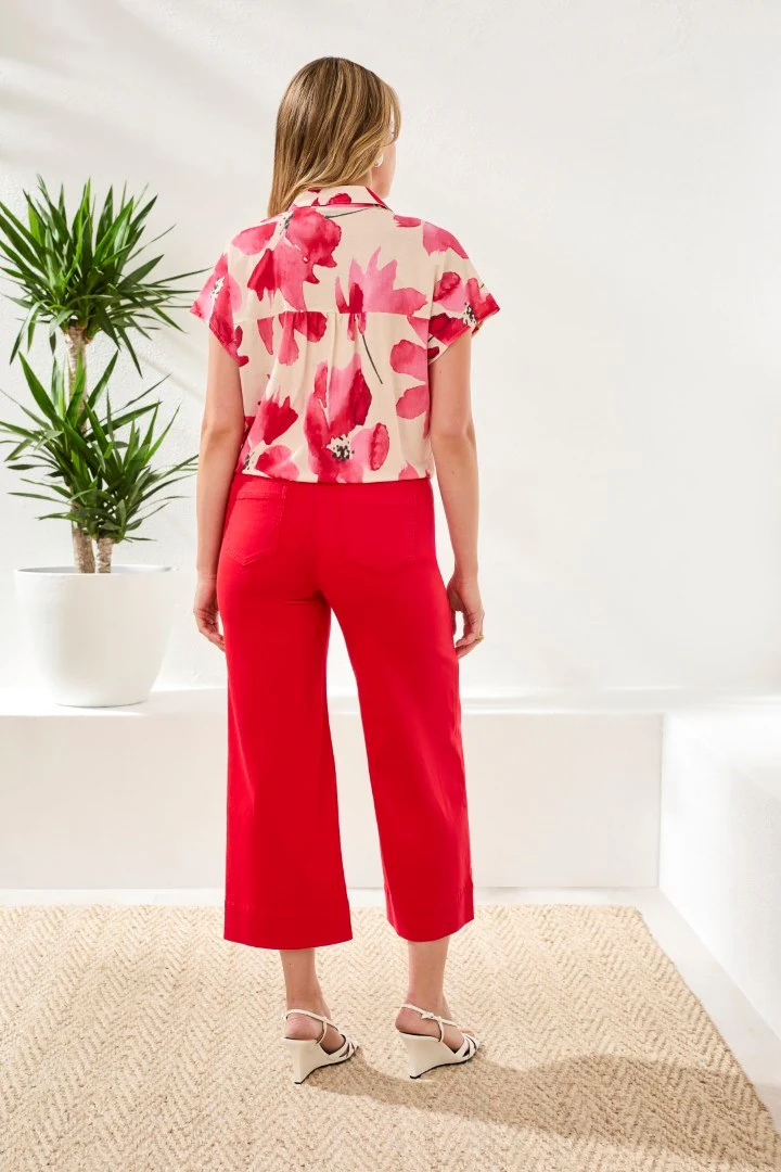 Watercolor Tie-Front Short Sleeve Eyelet Detail Blouse-Sangria - Image 2