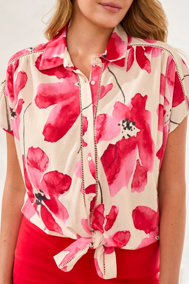 Watercolor Tie-Front Short Sleeve Eyelet Detail Blouse-Sangria - Image 3
