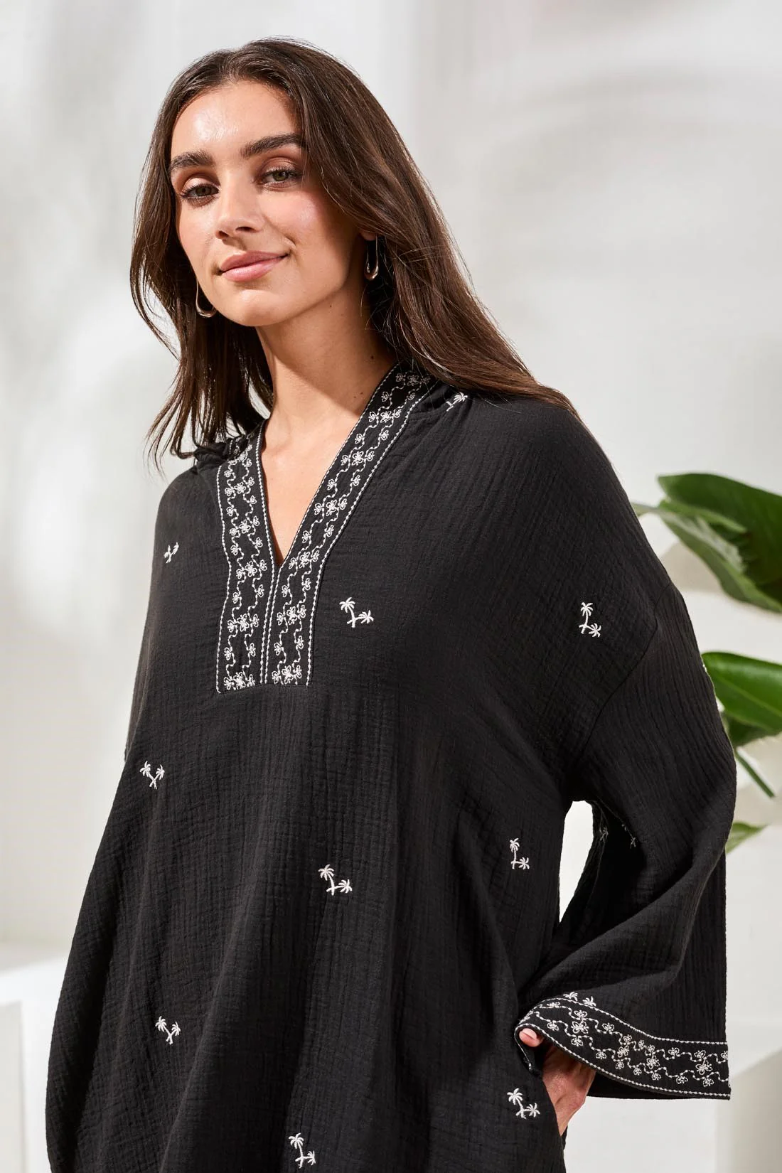 Embroidered Soft Cotton Hooded Dress-Black - Image 3