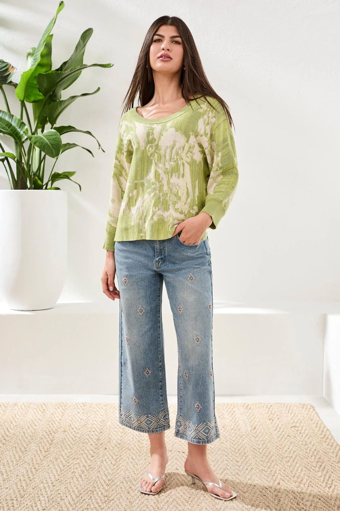 Boat Neck Textured Jacquard 3/4 Sleeve Sweater-Lemongrass