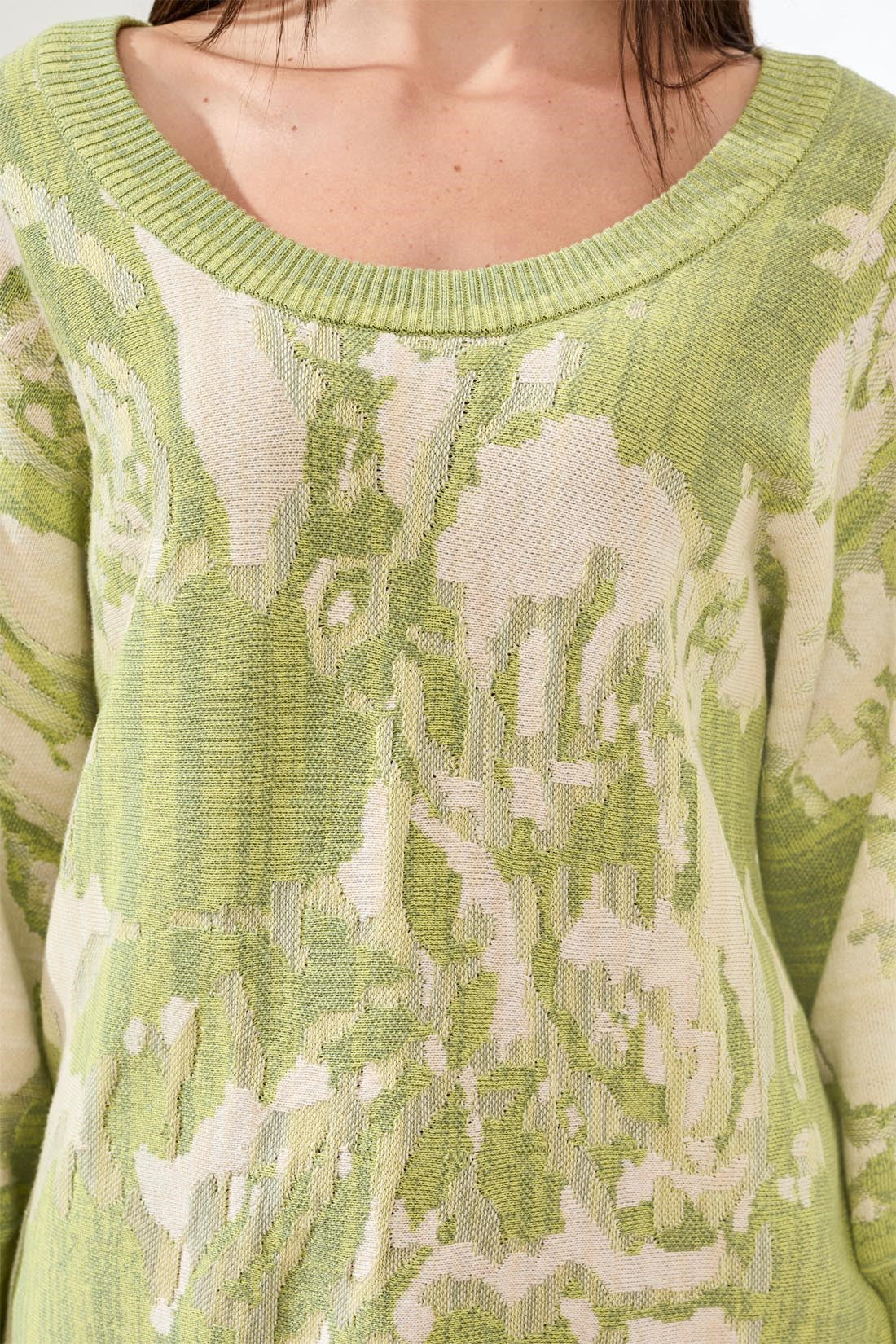 Boat Neck Textured Jacquard 3/4 Sleeve Sweater-Lemongrass - Image 2