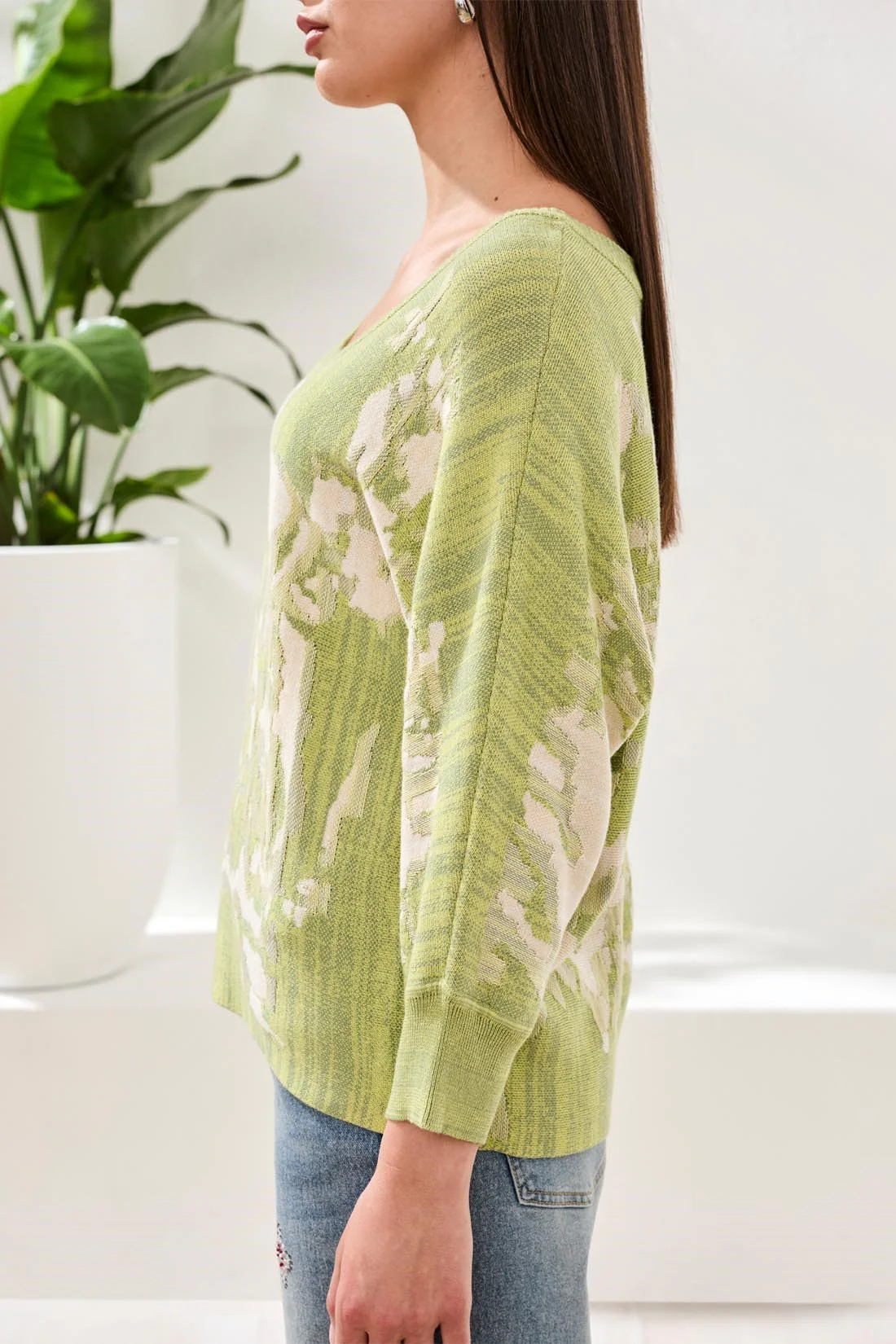 Boat Neck Textured Jacquard 3/4 Sleeve Sweater-Lemongrass - Image 3