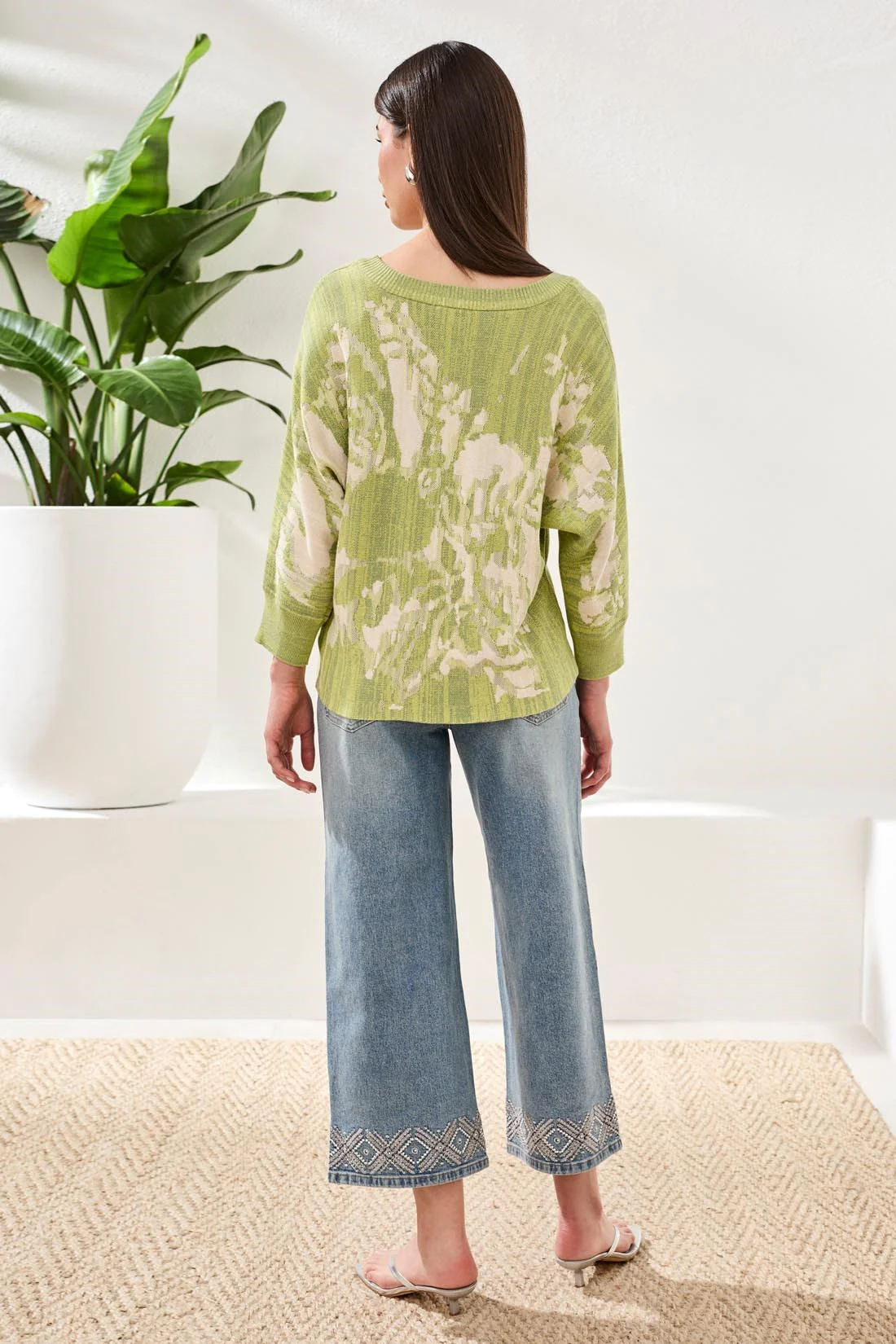 Boat Neck Textured Jacquard 3/4 Sleeve Sweater-Lemongrass - Image 4