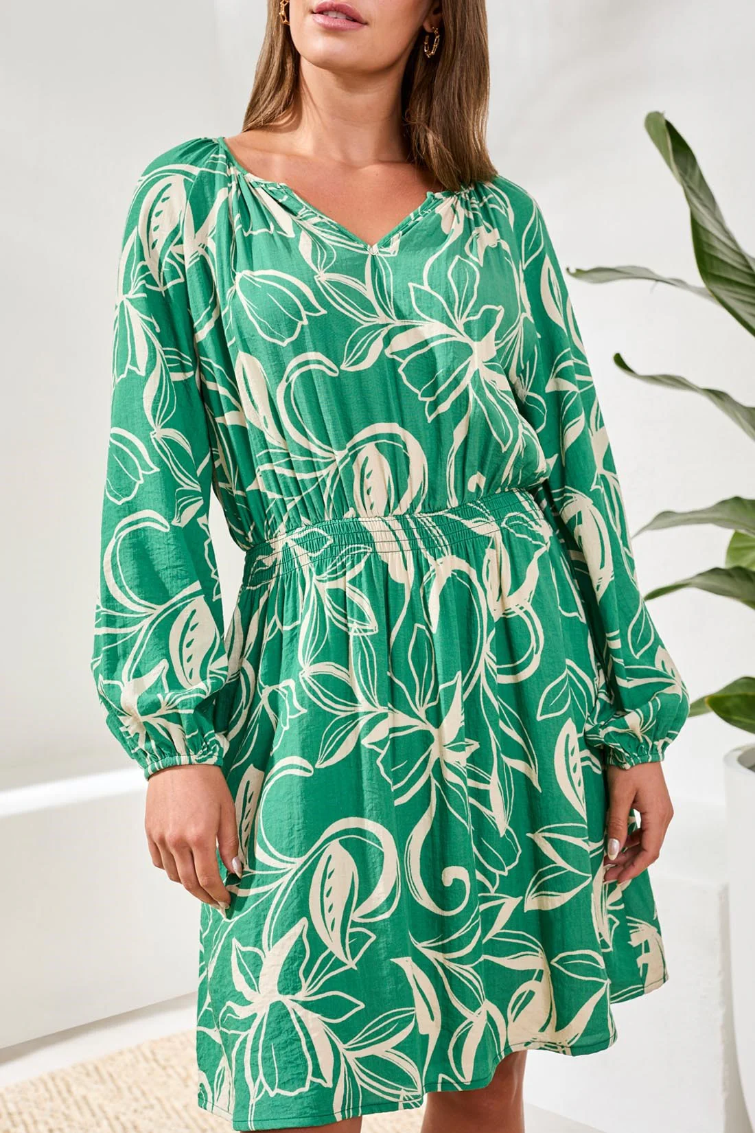 Printed V-Neck Balloon Long Sleeve Fitted at Waist Dress-Grass - Image 2