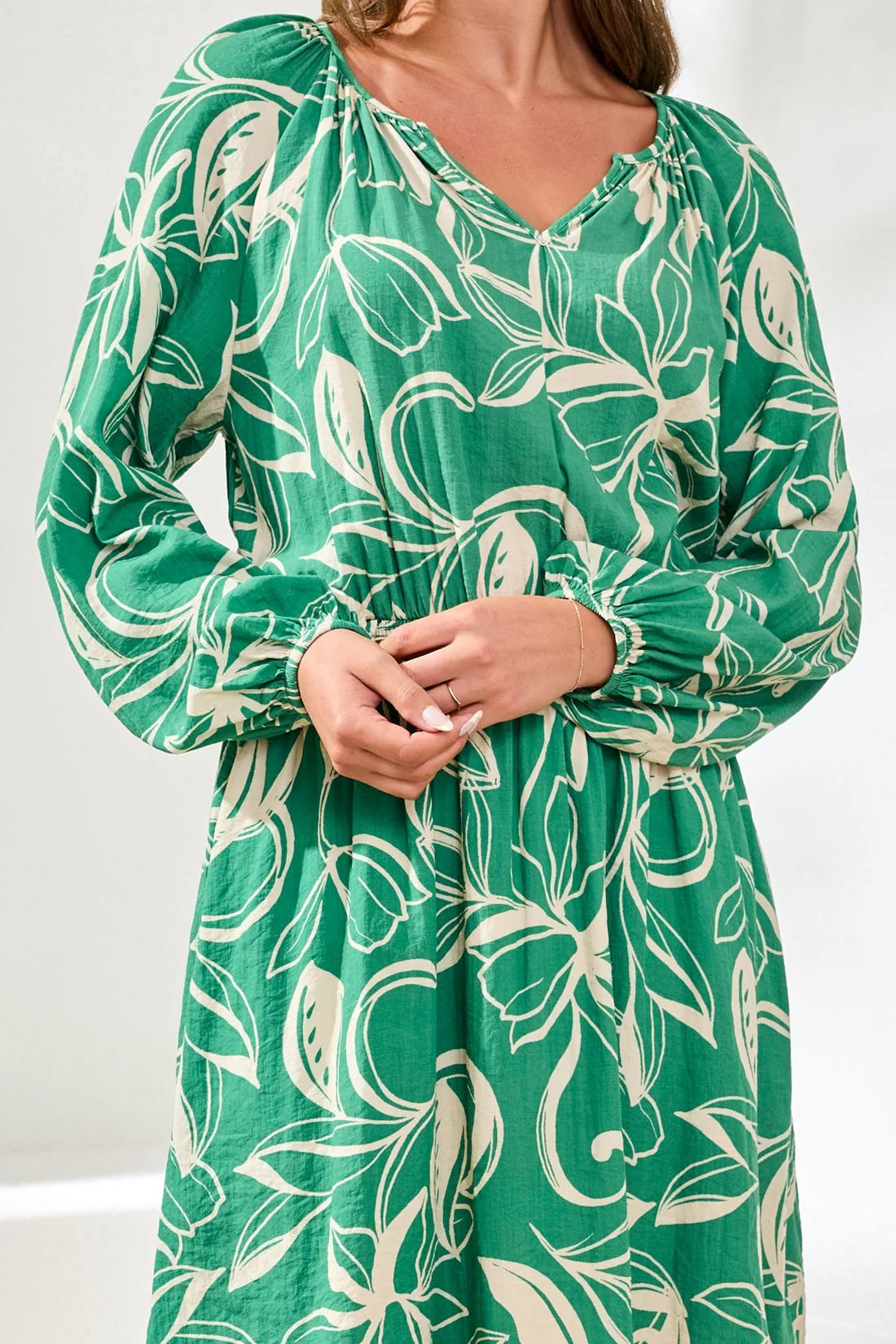 Printed V-Neck Balloon Long Sleeve Fitted at Waist Dress-Grass - Image 3