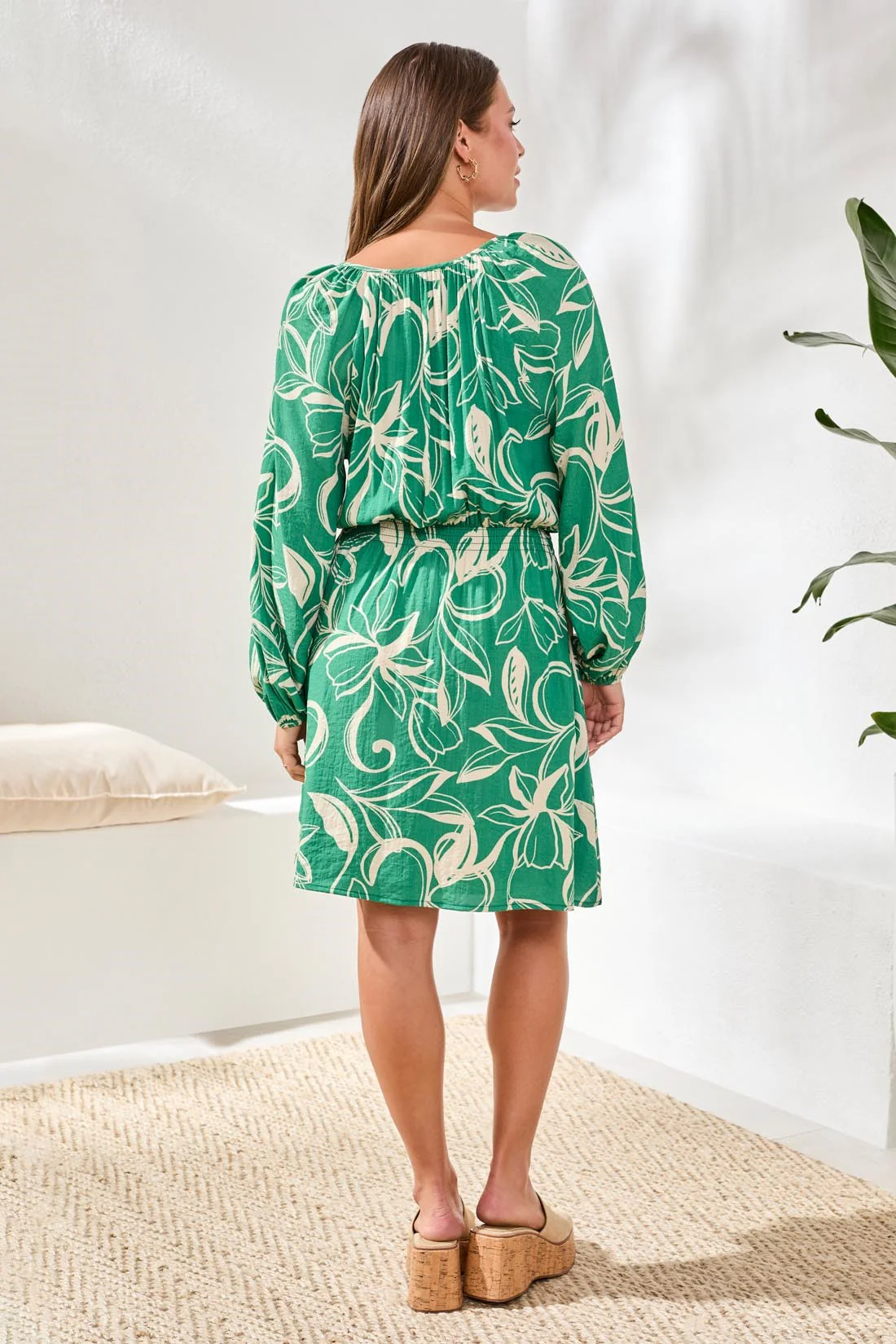 Printed V-Neck Balloon Long Sleeve Fitted at Waist Dress-Grass - Image 4