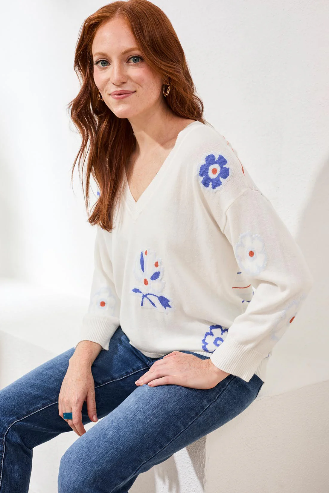 Intarsia V-Neck Sweater With 3/4 Sleeves-Oceanpearl
