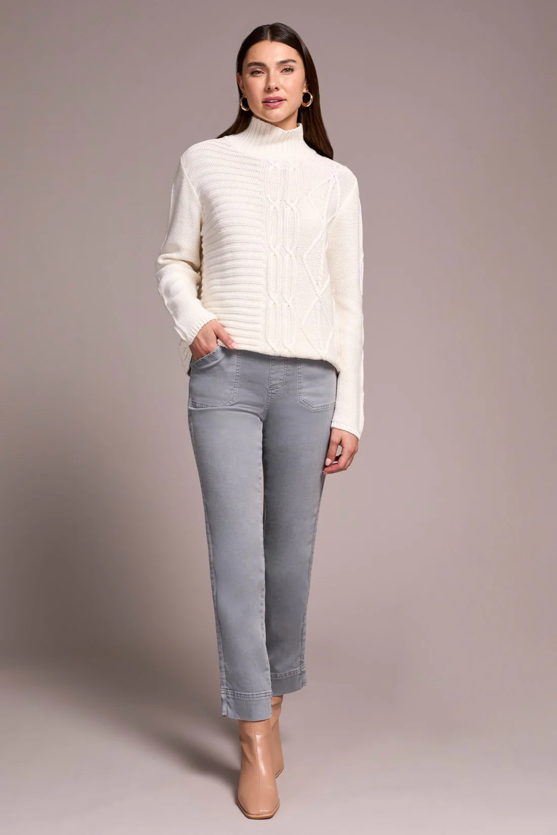 Vintage Washed Cable Knit Mock Neck Sweater-Cream