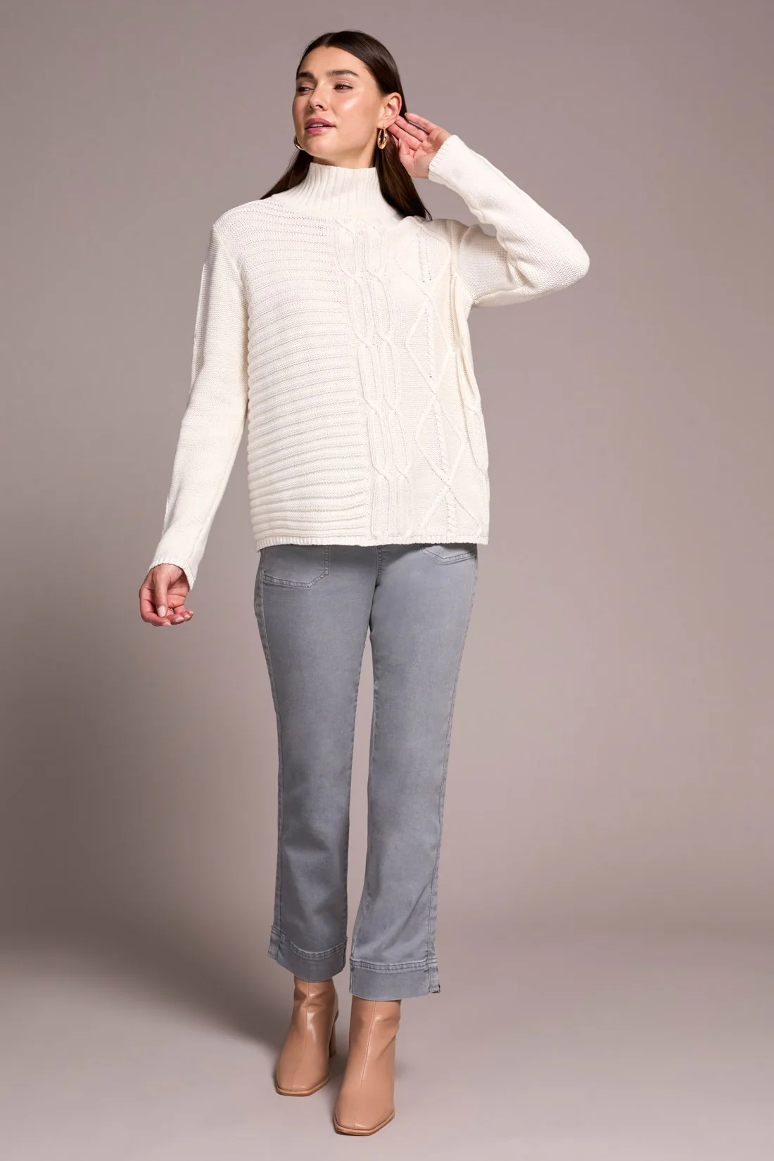 Vintage Washed Cable Knit Mock Neck Sweater-Cream - Image 2