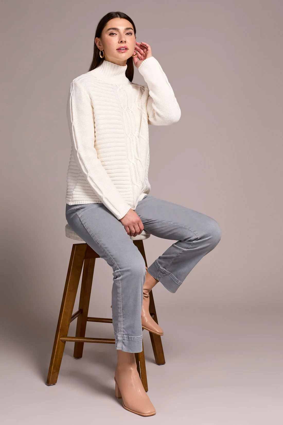 Vintage Washed Cable Knit Mock Neck Sweater-Cream - Image 3