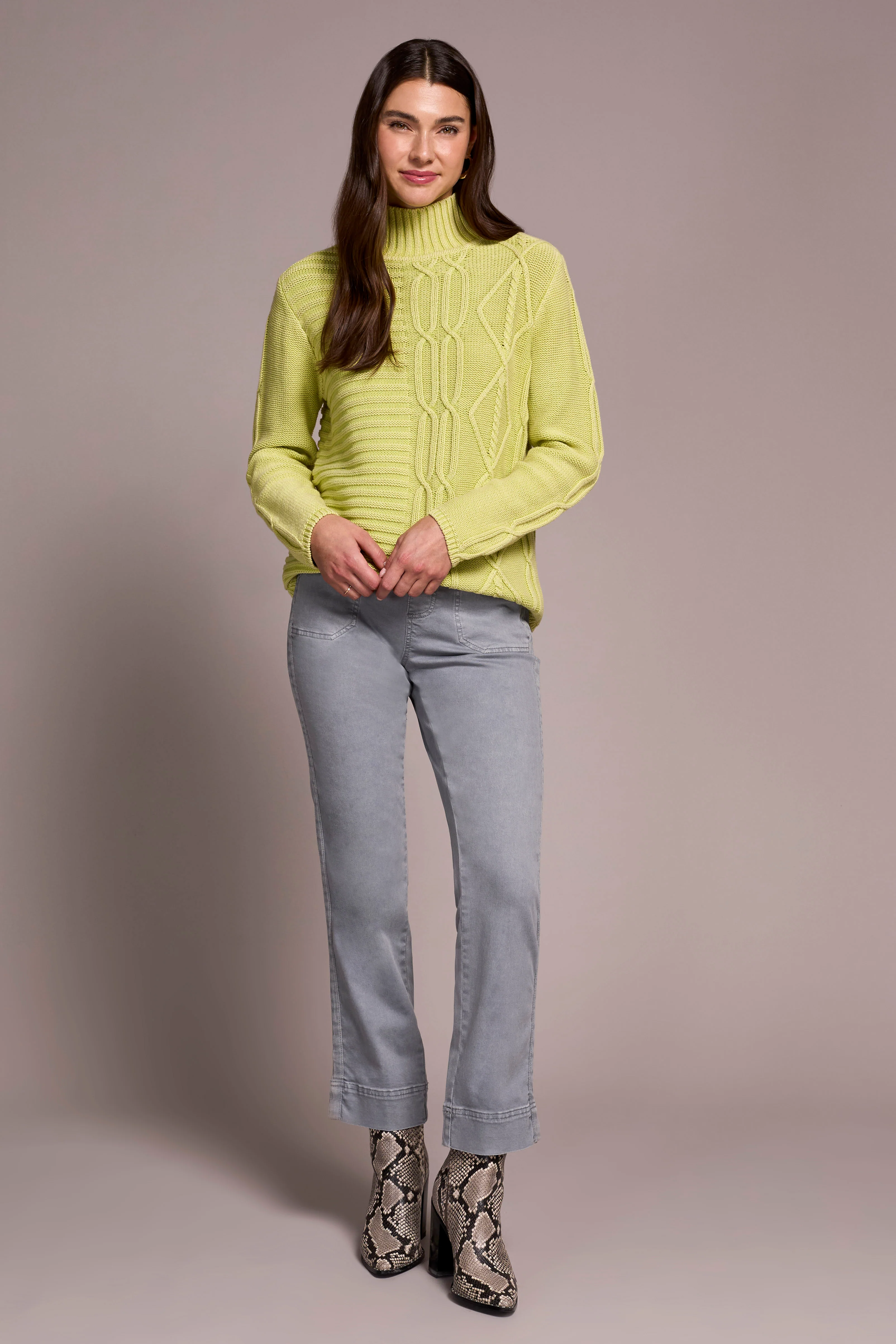 Vintage Washed Cable Knit Mock Neck Sweater-Limemist - Image 3