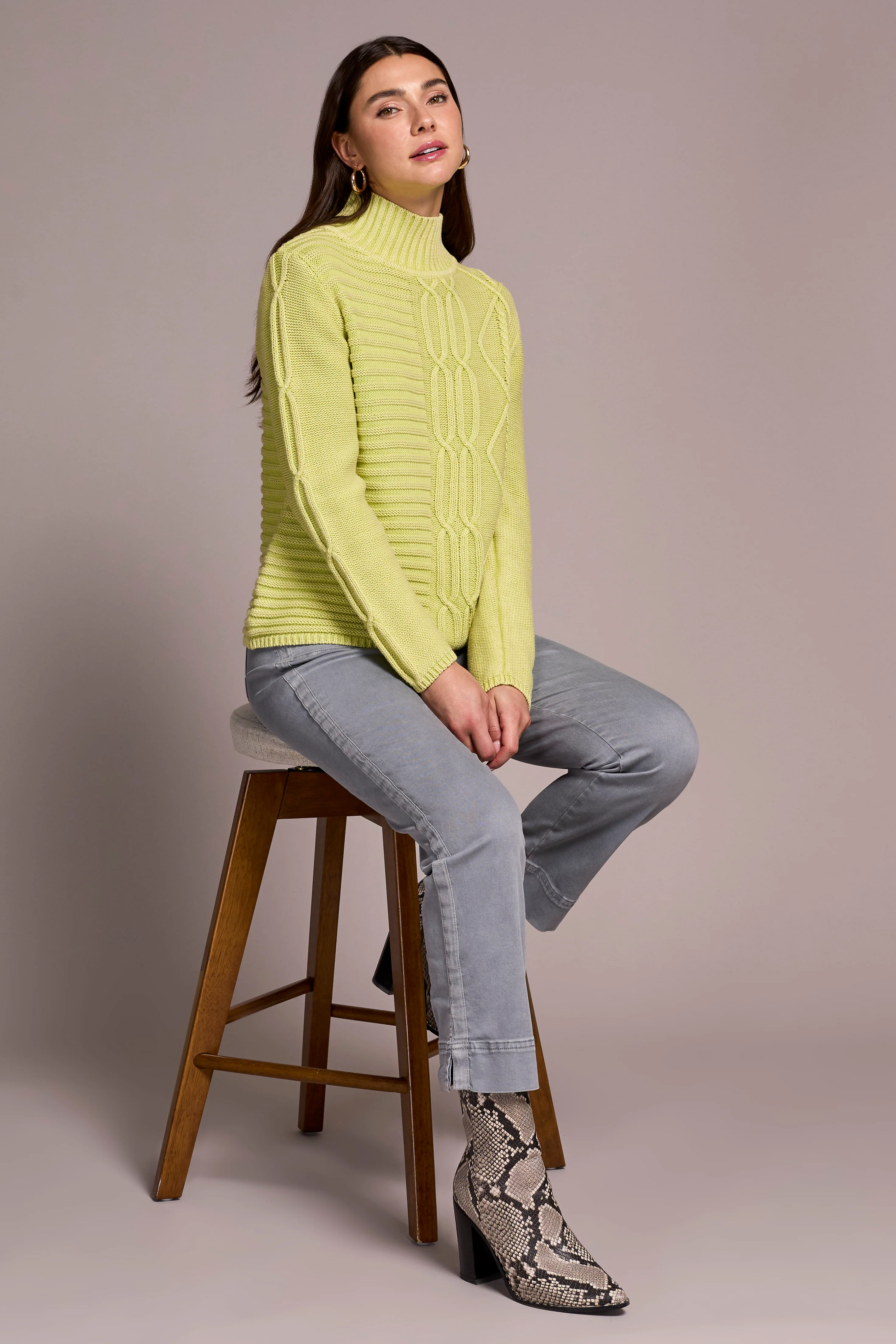 Vintage Washed Cable Knit Mock Neck Sweater-Limemist - Image 4