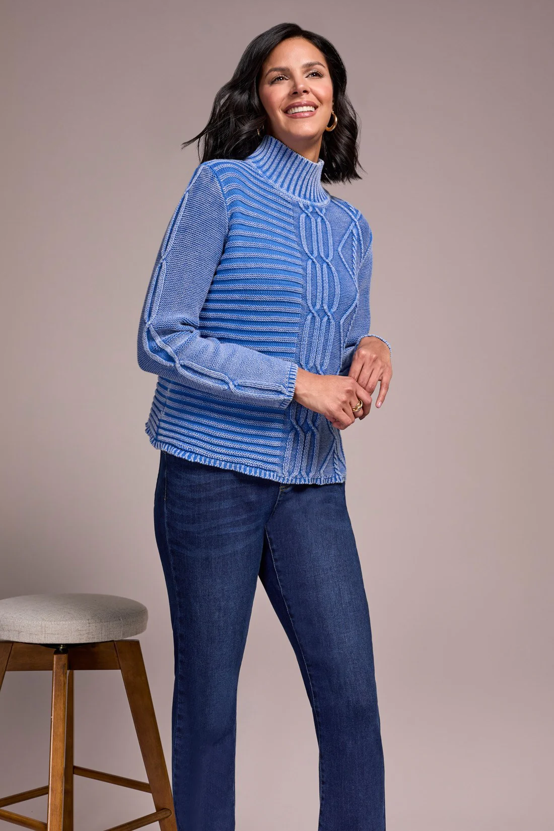 Vintage Washed Cable Knit Mock Neck Sweater-Ultrablue - Image 3