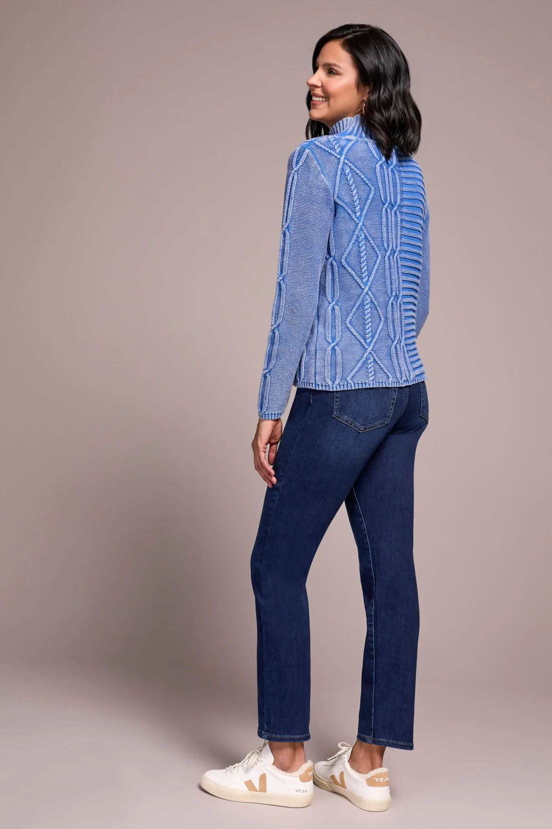 Vintage Washed Cable Knit Mock Neck Sweater-Ultrablue - Image 4