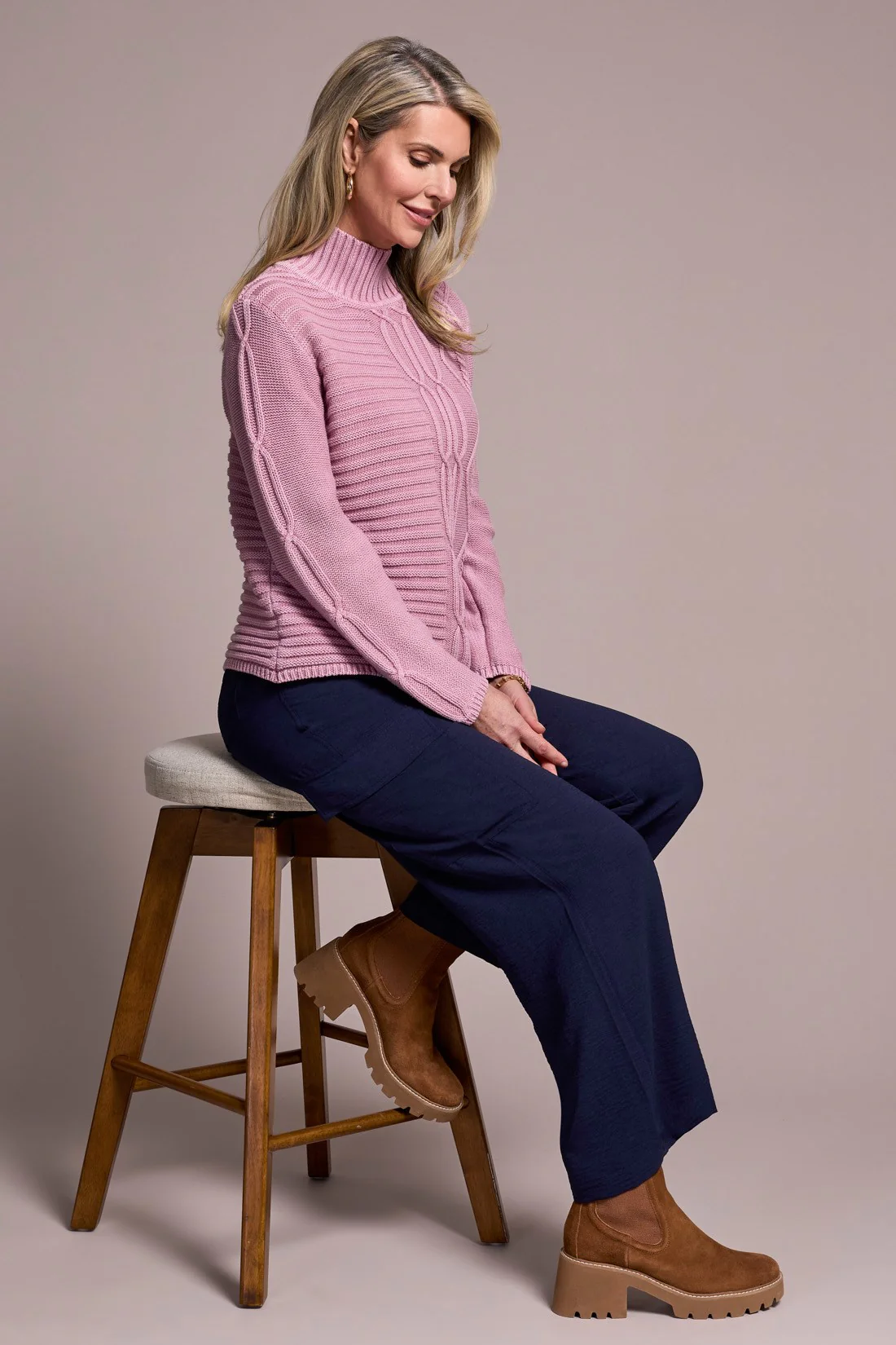 Vintage Washed Cable Knit Mock Neck Sweater-Vintagelilac - Image 3