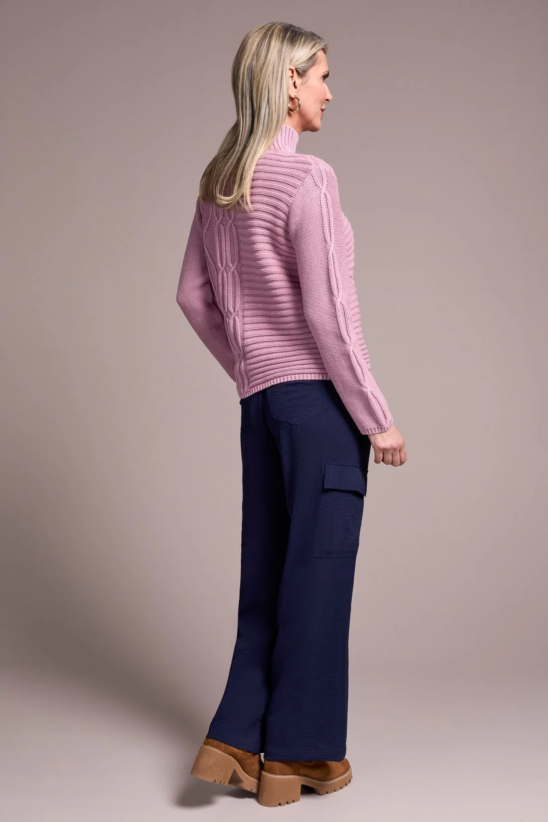 Vintage Washed Cable Knit Mock Neck Sweater-Vintagelilac - Image 4