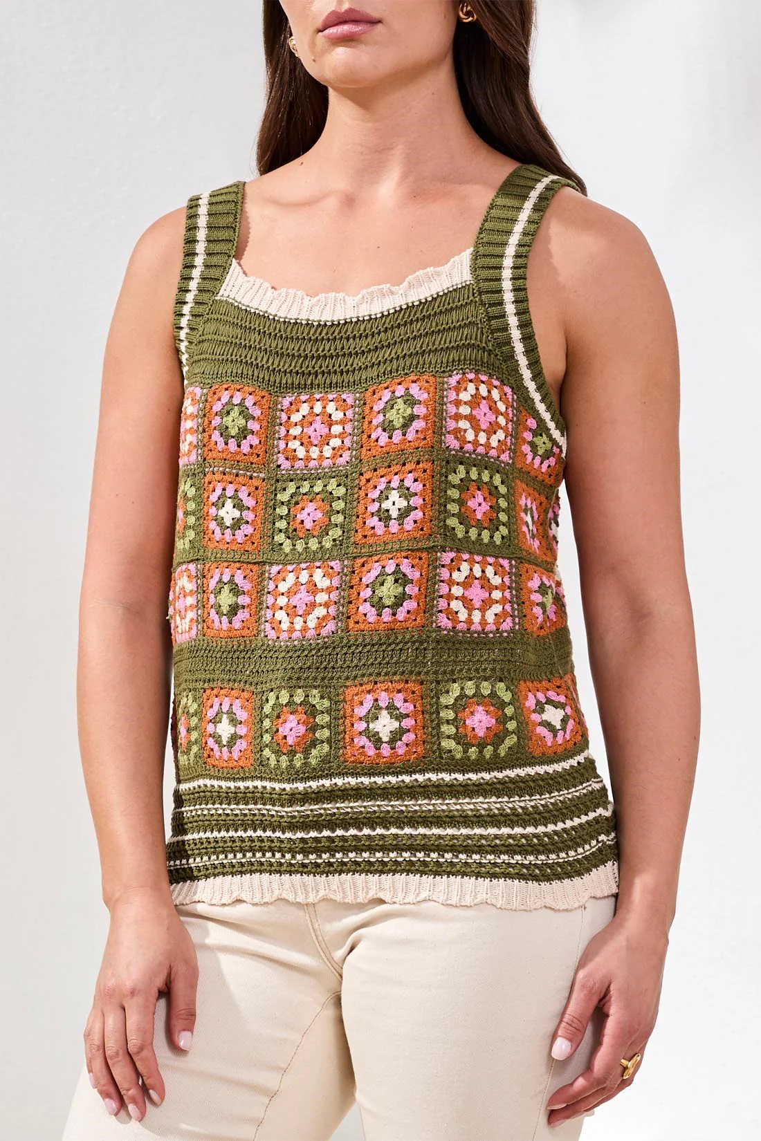 Novelty Crochet Sweater Cami With Wide Straps-Rainforest - Image 3