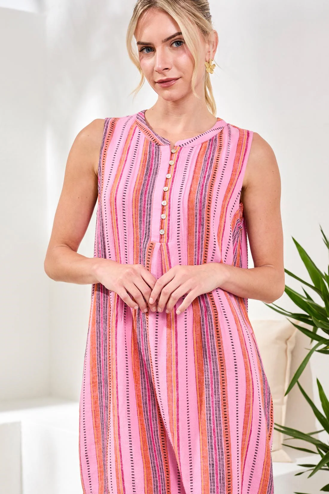 Linen Sleeveless A-Line Dress With Pintuck Detail-Rosesilk - Image 3