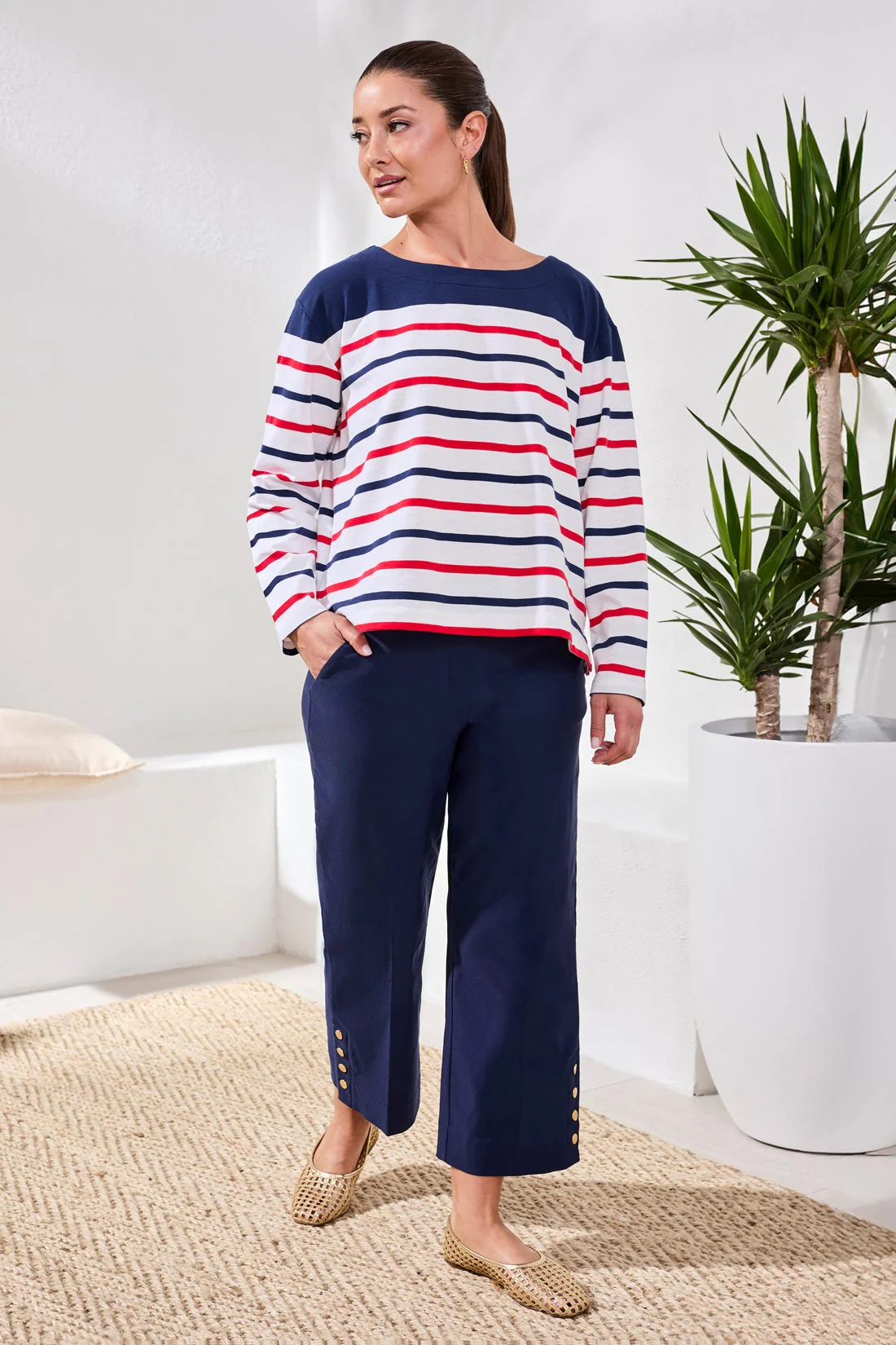 Yarn Dye Slub Knit Boat Neck Top-Sangria - Image 4