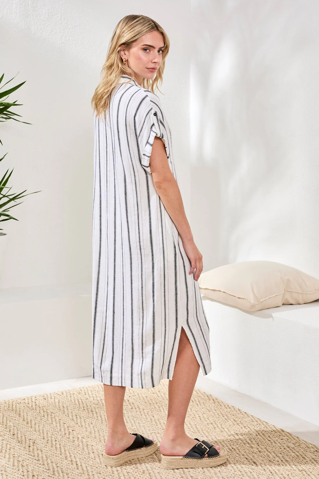 Soft Linen Button‑Front Midi Dress-White/black - Image 4