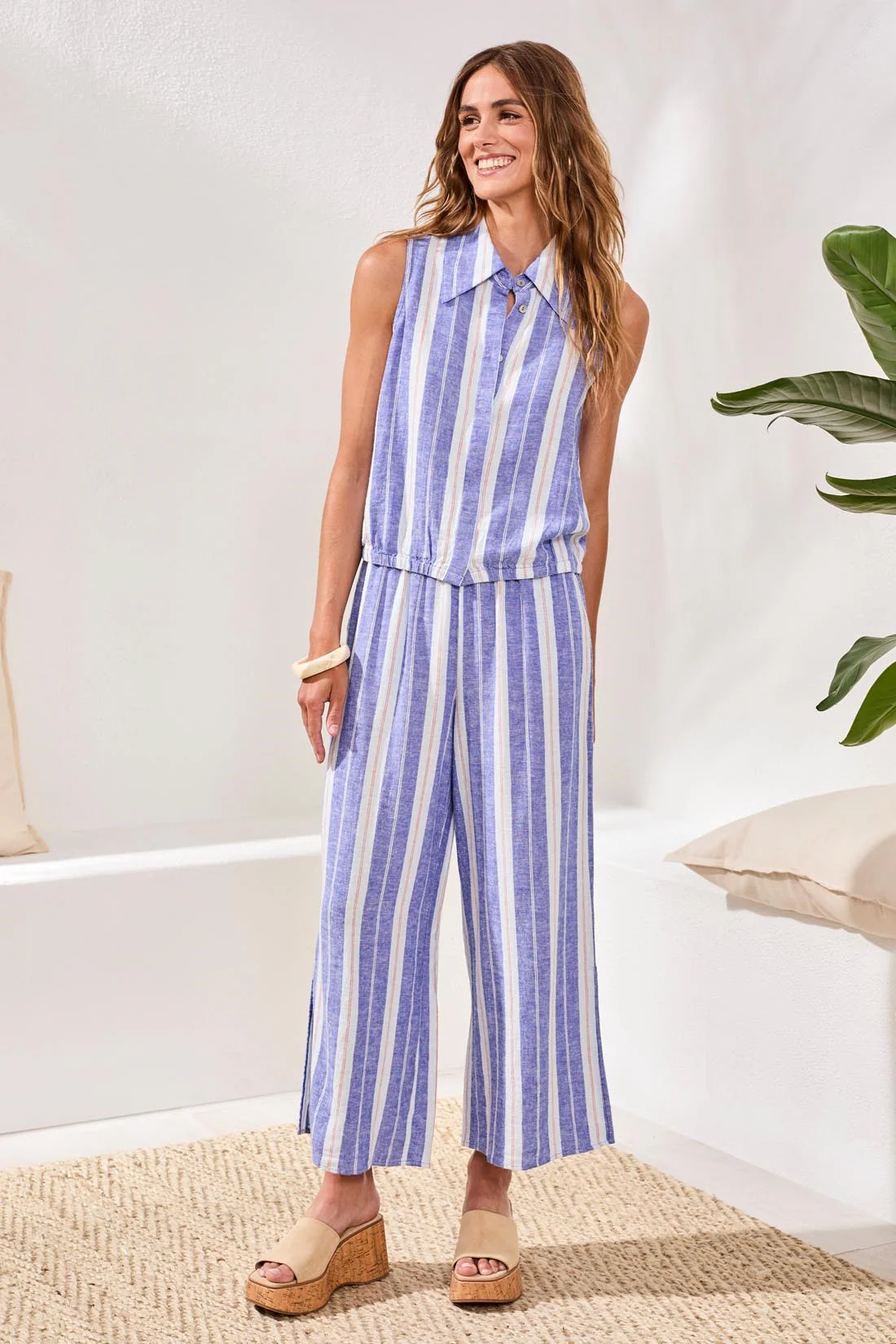 Sleeveless Linen Button‑Front Top with Elastic Waist Detail-Marina - Image 2