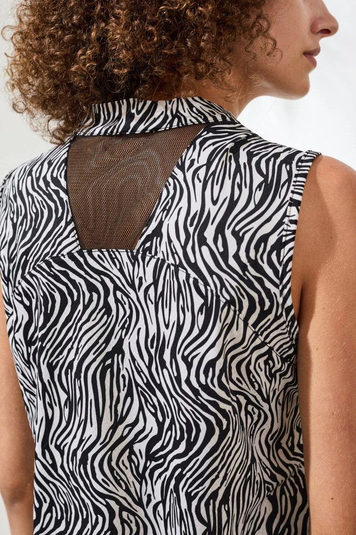 Zebra Sleeveless Zip Front Mesh Accent Top-Black - Image 3